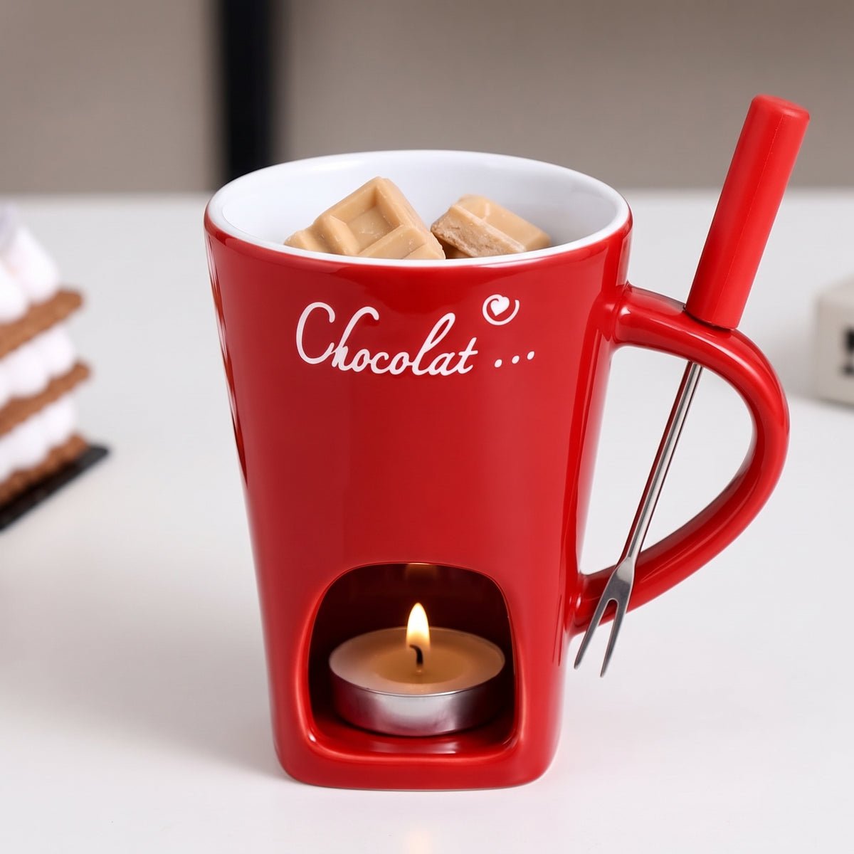 Chocolate Melting Cup Chocolate Melting Fondue Mug Ceramic Butter Warmer Pot Chocolate Melting Supplies with Fork for Kitchen
